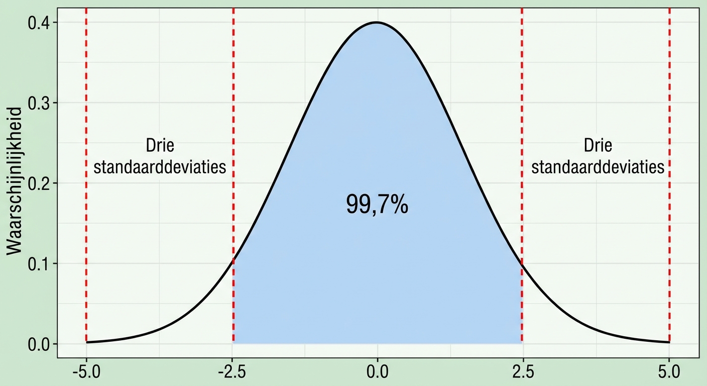 Normale verdeling met gebied tussen plusmin drie standaarddeviaties, gelabeld als 99,7 procent.png