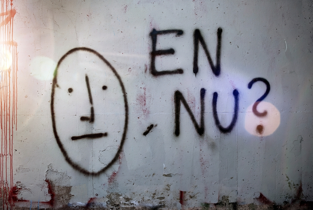 graffiti op een muur met de vraag wat nu.jpg