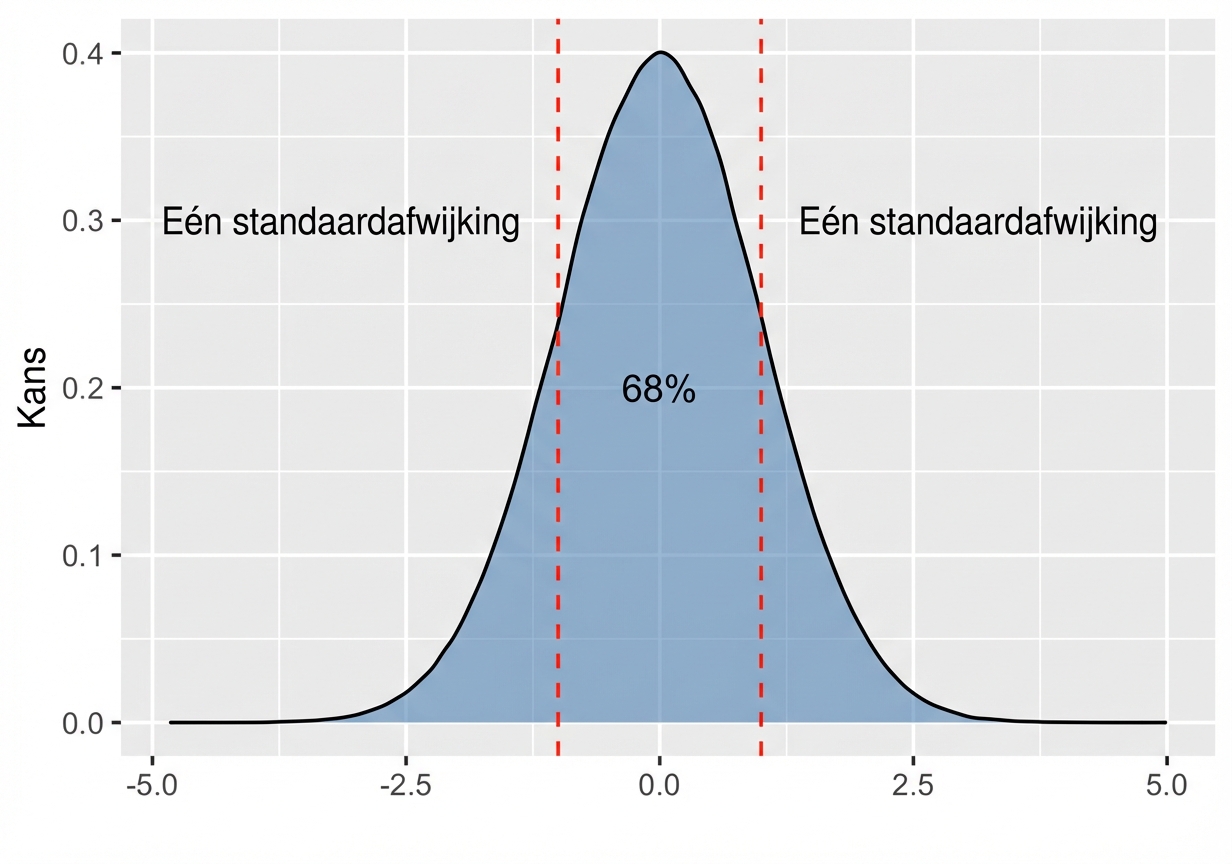 Normale verdeling met gebied tussen plusmin één standaarddeviatie, gelabeld als 68 procent.png