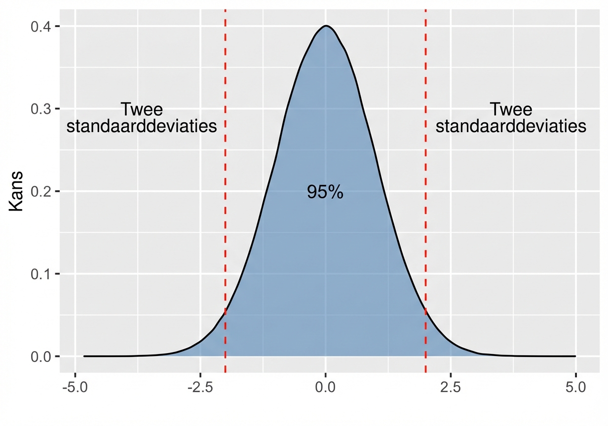 Normale verdeling met gebied tussen plusmin twee standaarddeviaties, gelabeld als 95 procent.png