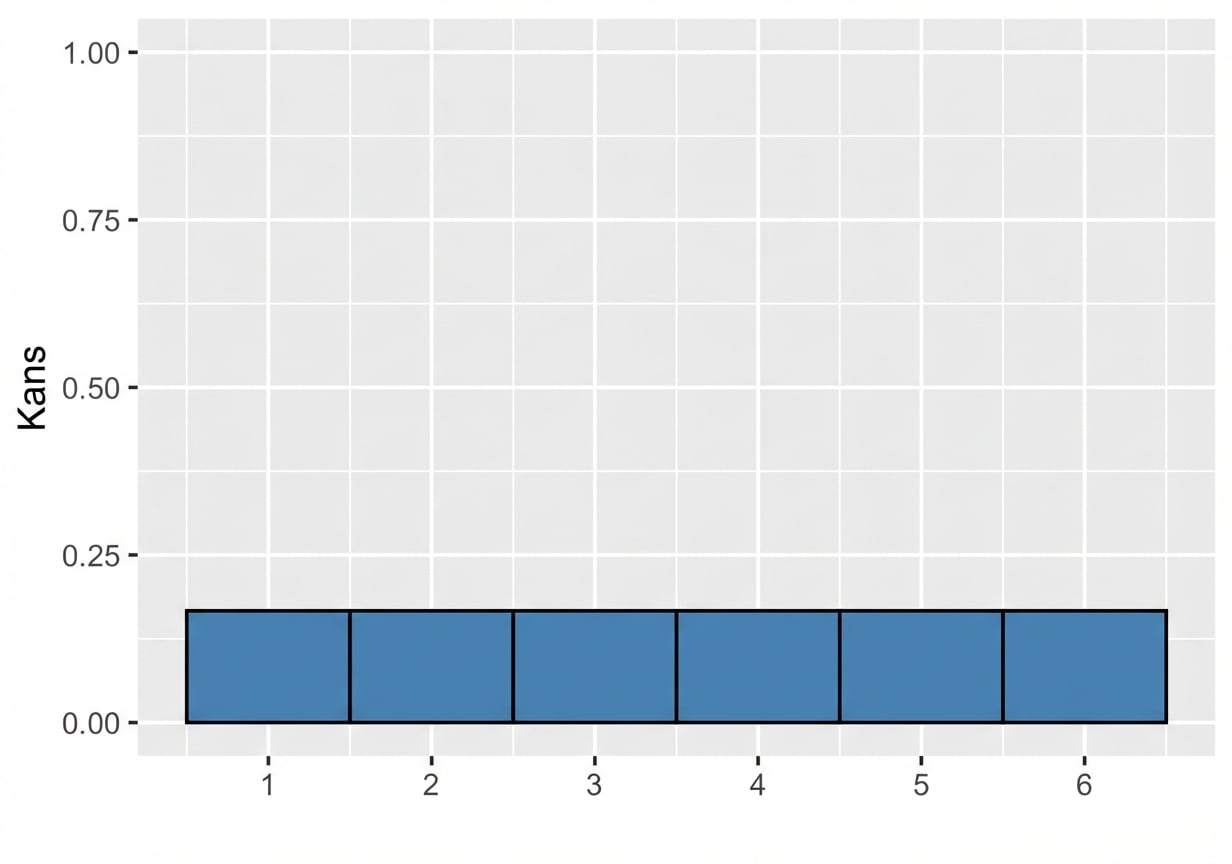 Histogram met een staaf voor één t/m zes, elk hoogte een zesde.png