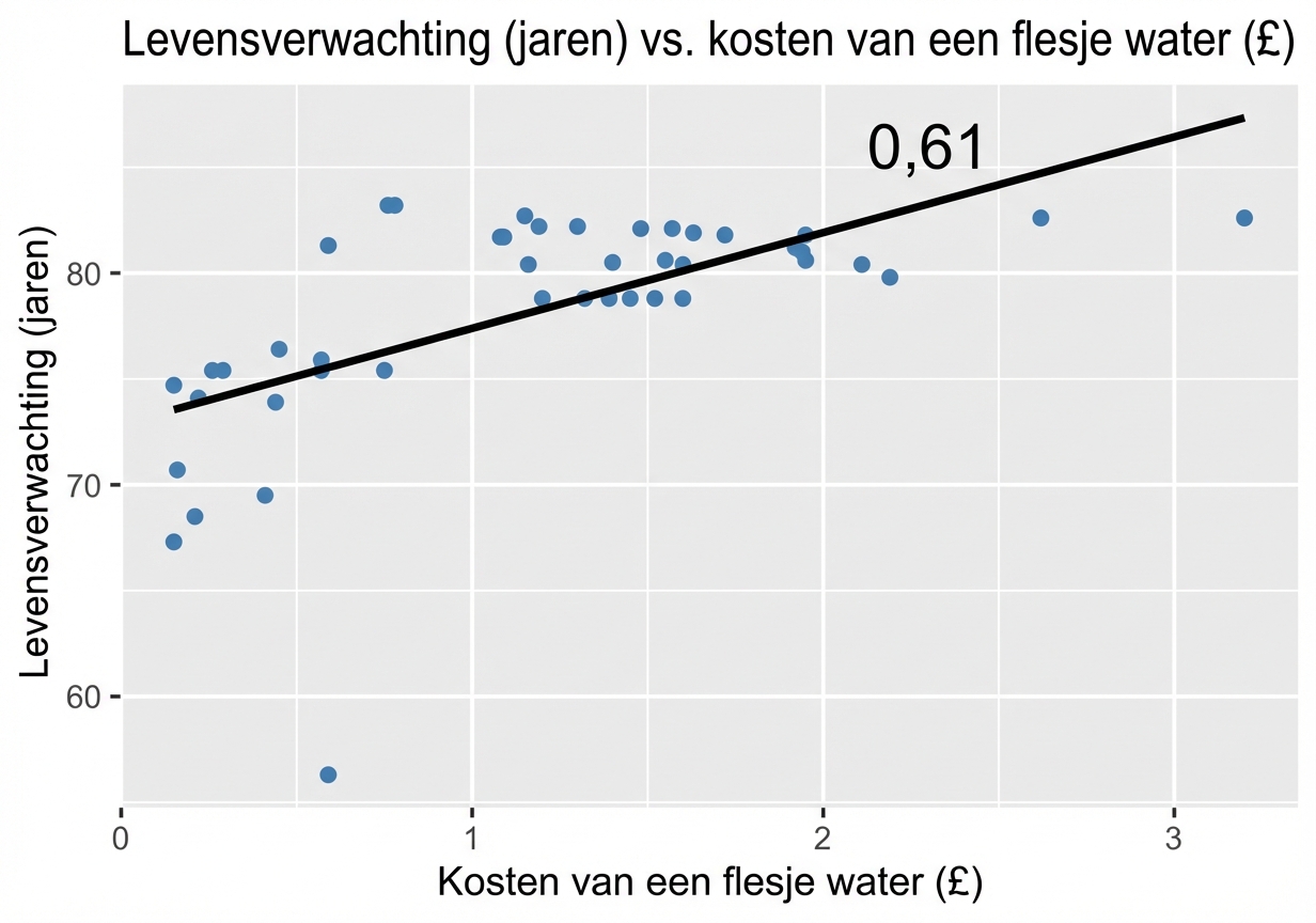 spreidingsdiagram van levensverwachting vs. prijs waterfles met trendlijn en p = 0,61.png