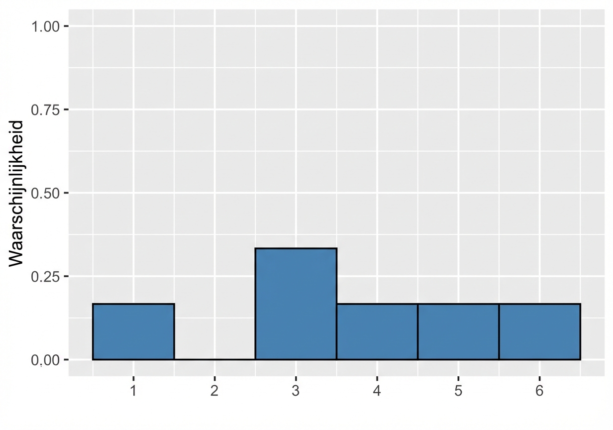 Kansverdeling van ongelijke dobbelsteen met staven: 1,4,5,6 hoogte een zesde; 2 hoogte nul; 3 hoogte een derde.png