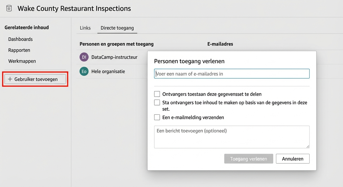 Datasetrechten toevoegen voor een gebruiker of groep.