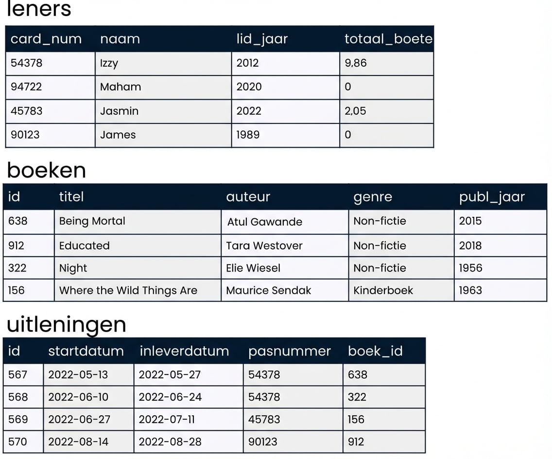 drie tabellen in een database met voorbeeldgegevens