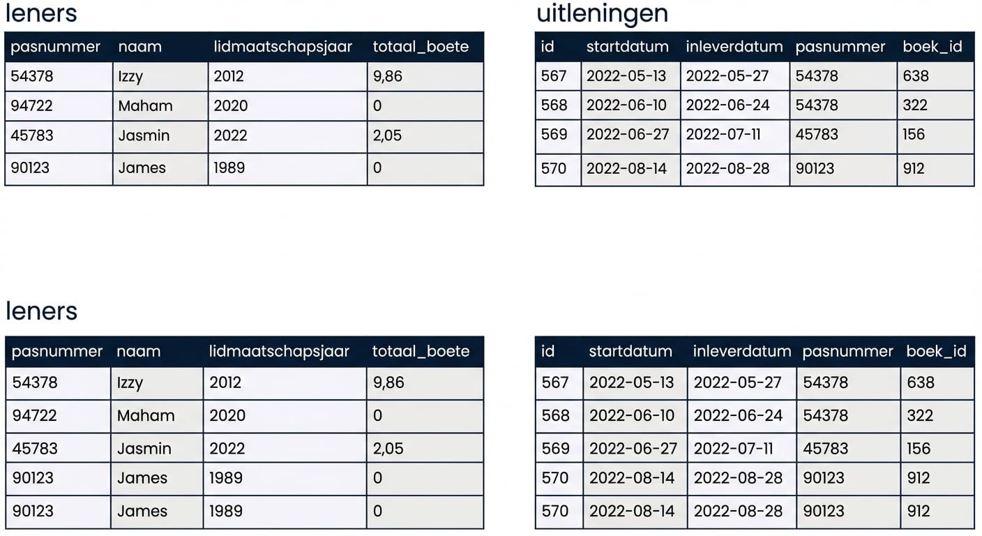de tabel patrons en de tabel checkouts uit de bibliotheekdatabase