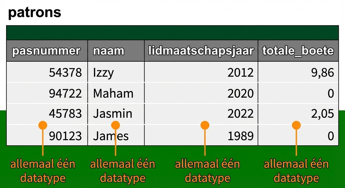 de patrons-tabel met elk veld gemarkeerd en aangegeven dat elk één gegevenstype is