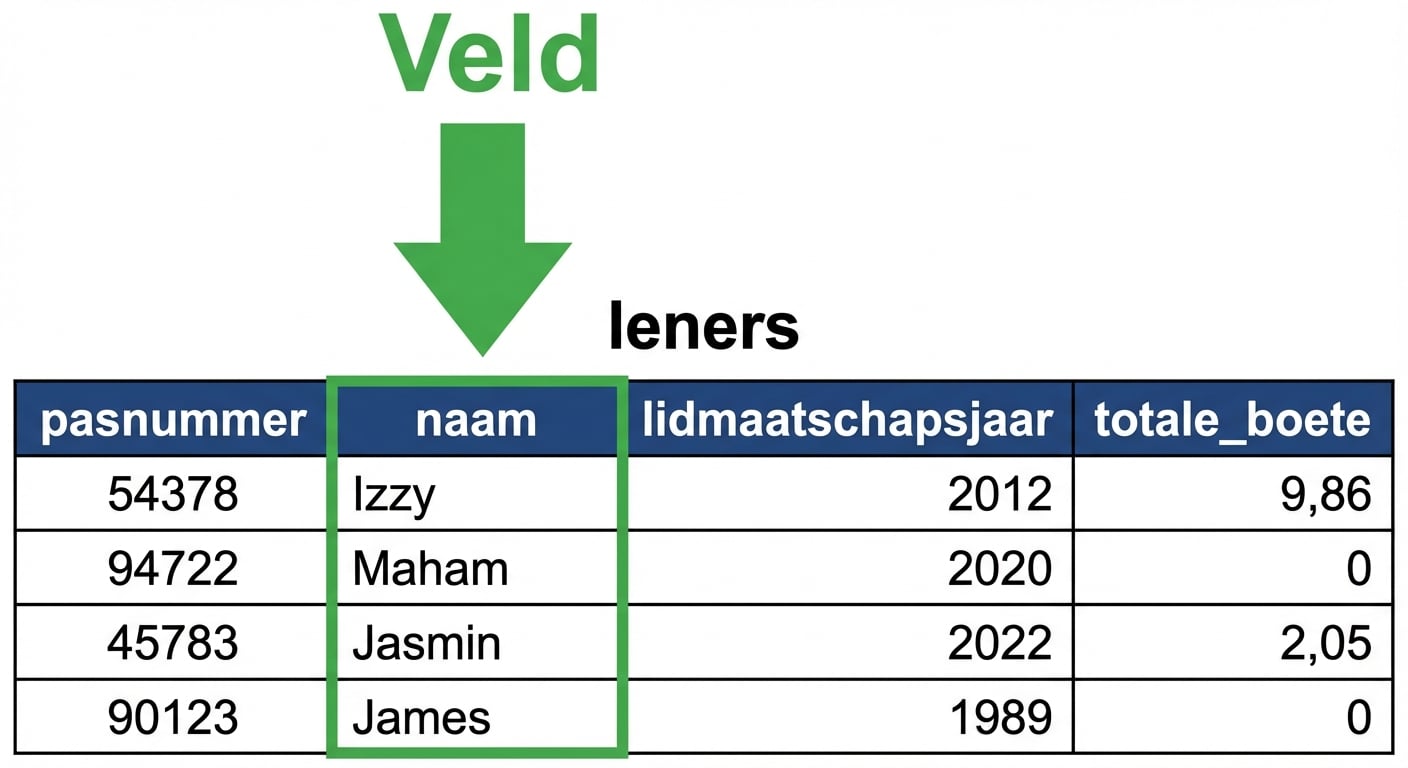 de tabel patrons met één veld gemarkeerd