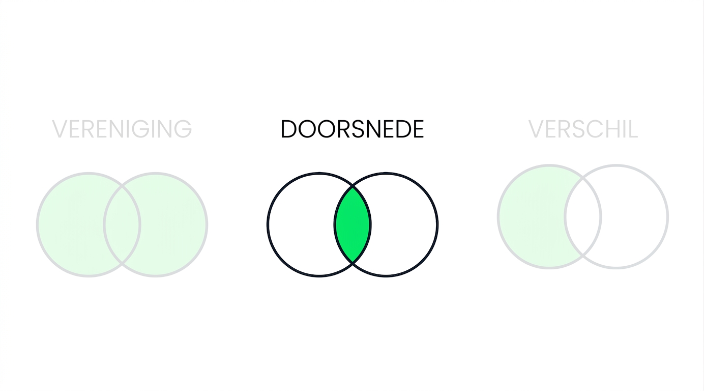 Een afbeelding met drie Venn-diagrammen, waarvan er twee vervaagd zijn. Alleen het diagram met INTERSECT is scherp. Dit diagram heeft twee overlappende cirkels, waarbij alleen het overlappende deel groen is gekleurd.