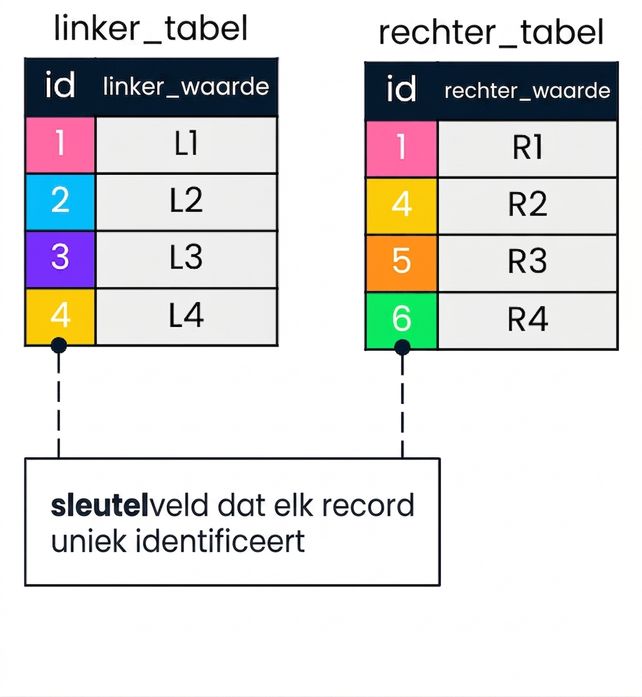 Een diagram met twee tabellen: linkertabel en rechtertabel. Overeenkomende id-waarden in de linker- en rechtertabel worden in dezelfde kleuren weergegeven.