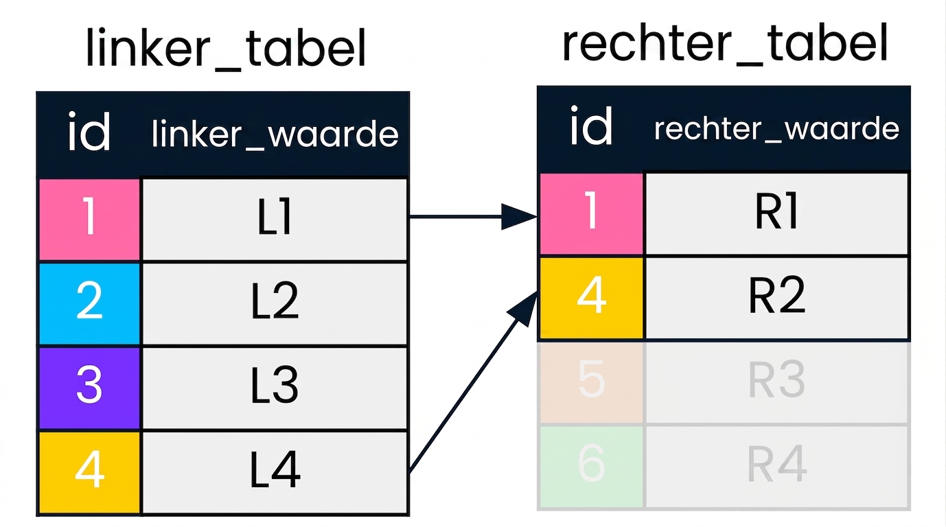 Een diagram met twee tabellen, een linkertabel en een rechtertabel, met pijlen die naar de records wijzen die overeenkomen in de id-kolom in beide tabellen. Records die niet interessant zijn voor left join zijn uitgegrijst.