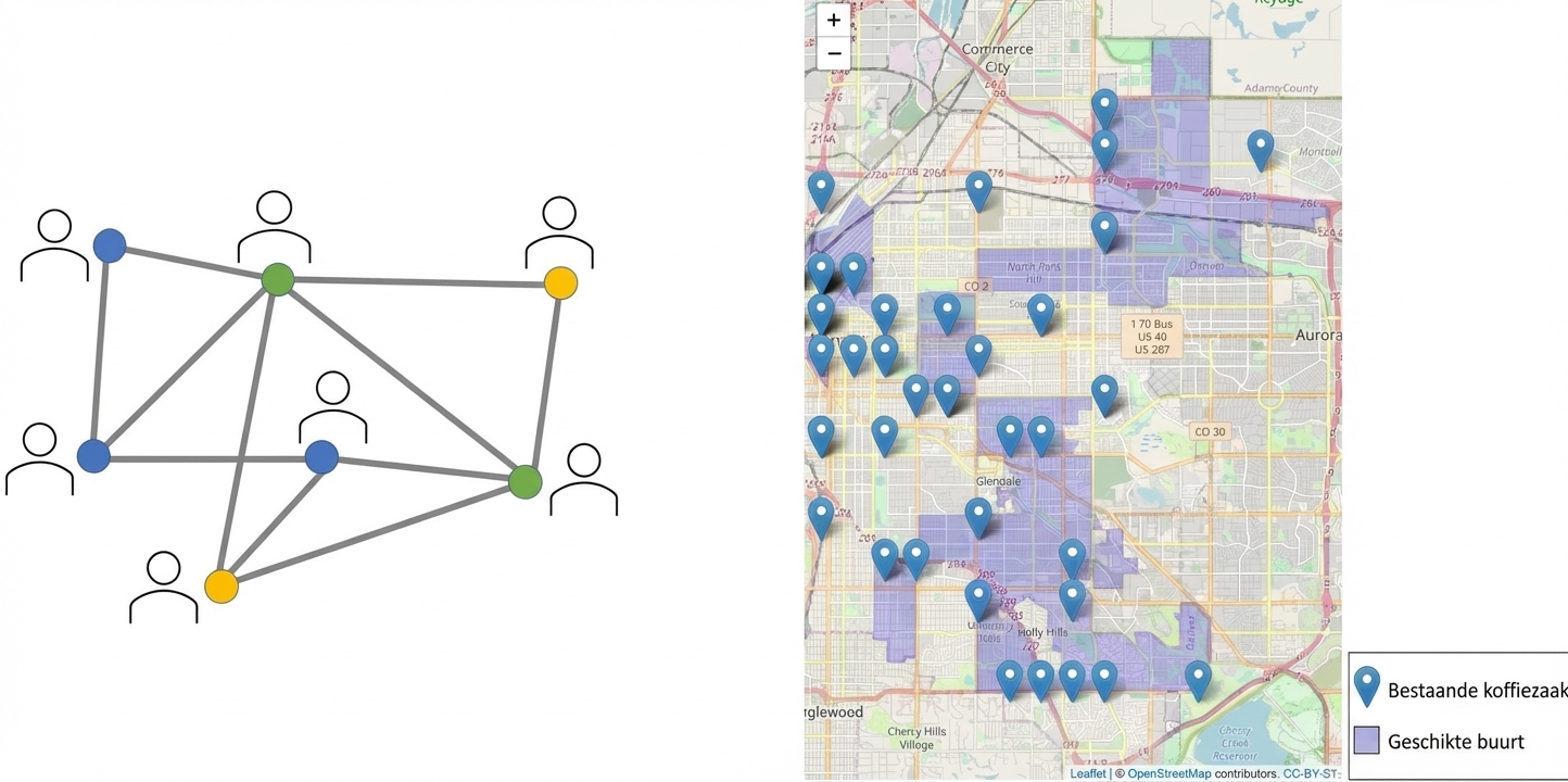 Een netwerk van mensen en een kaart met markeringen en gekleurde buurten