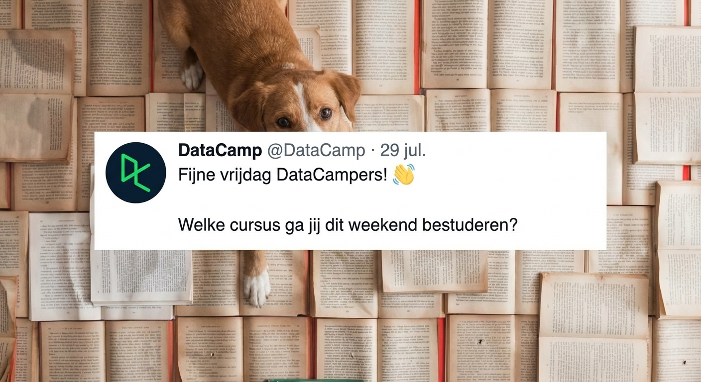 Een foto van een hond, een stapel boeken en een tweet