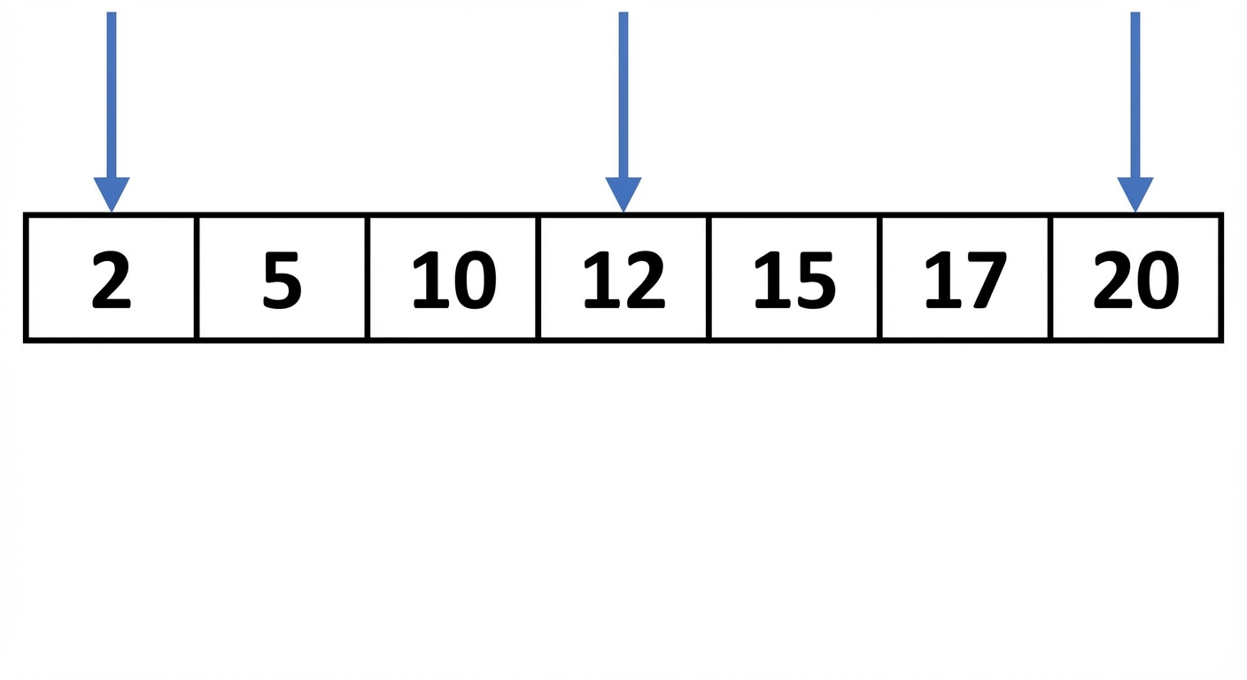 Schematische weergave van een lijst met gesorteerde getallen. Er is een variabele genaamd first die naar de eerste positie van de lijst wijst, een andere variabele genaamd last die naar de laatste positie wijst, en een andere variabele genaamd middle die naar de middelste positie wijst.