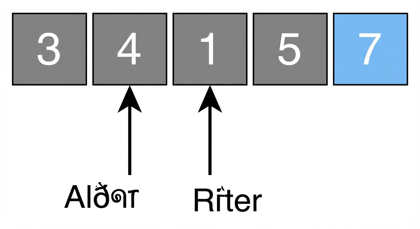 Een schematische weergave van een lijst met ongesorteerde getallen. Eén pointer wijst naar het tweede element en een andere naar het derde element. Het laatste element is blauw gekleurd.