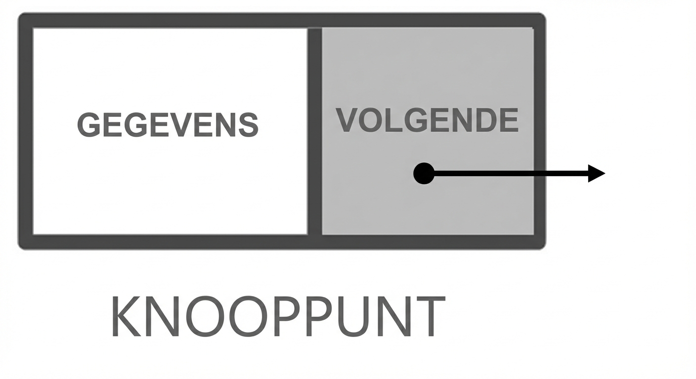 De weergave van een knoop in een gelinkte lijst met "DATA" in het eerste deel en "NEXT" met een pointer in het tweede deel.