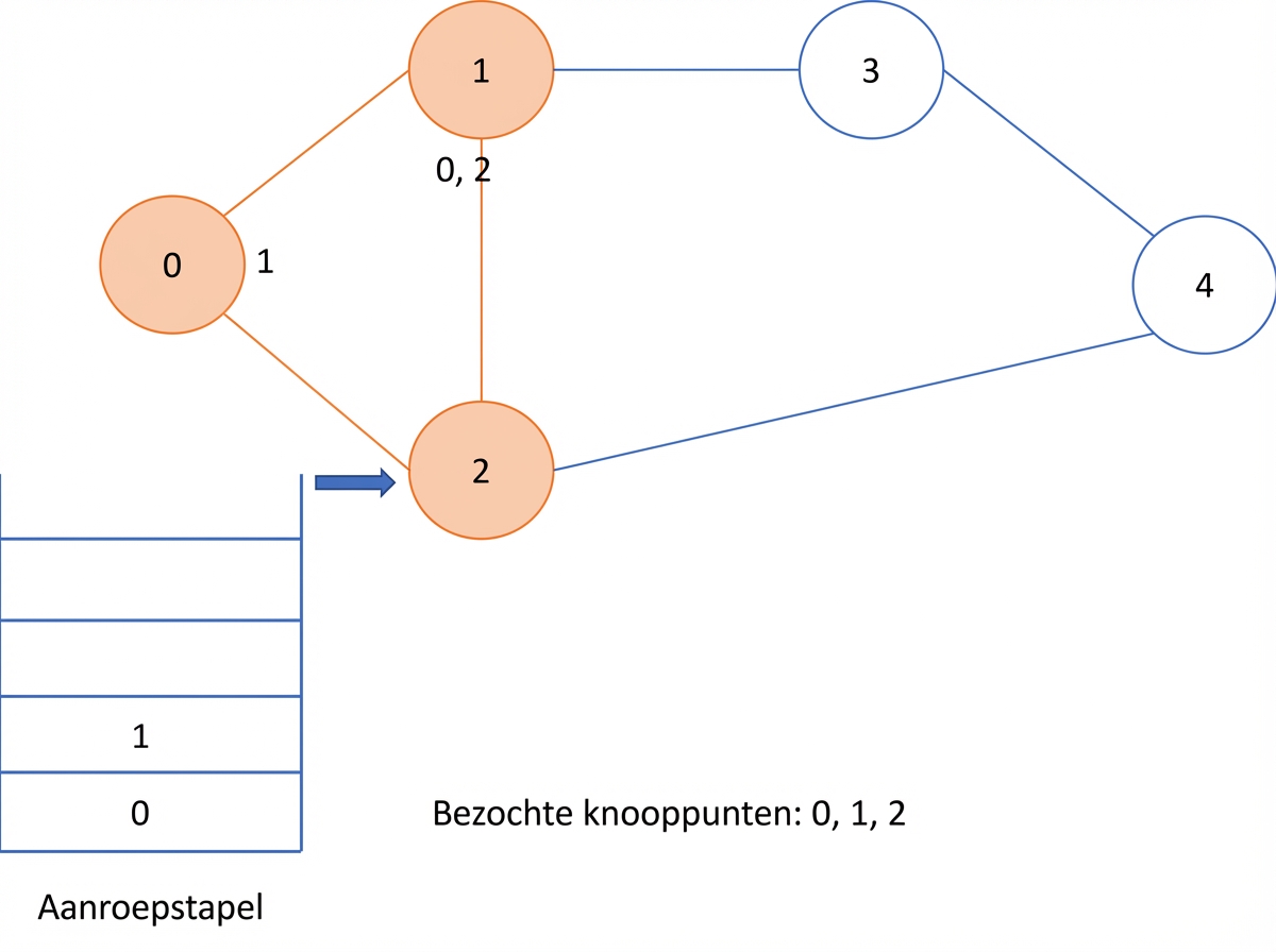 Grafische weergave van depth-first search op een graaf.