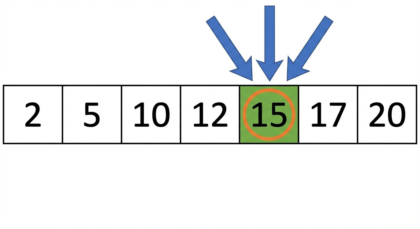 Schematische weergave van een lijst met gesorteerde getallen. Het getal 15 is omcirkeld.