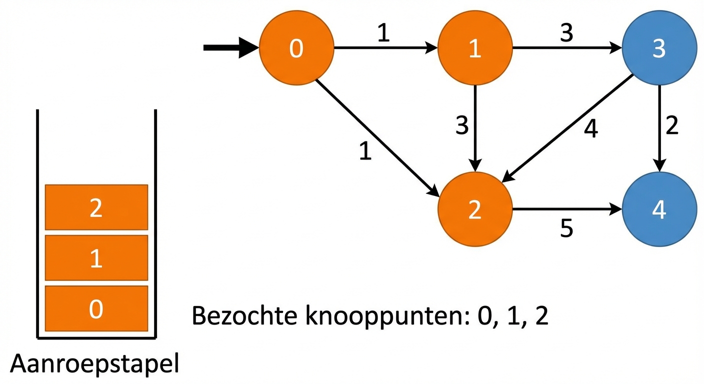 Grafische weergave van depth-first search op een graaf.