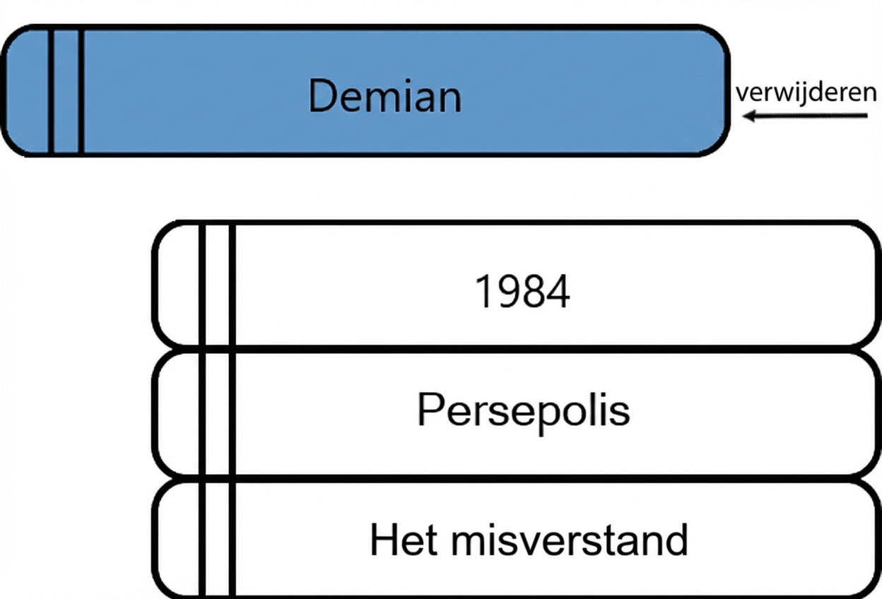 Een stapel boeken met een boek van de top gehaald.