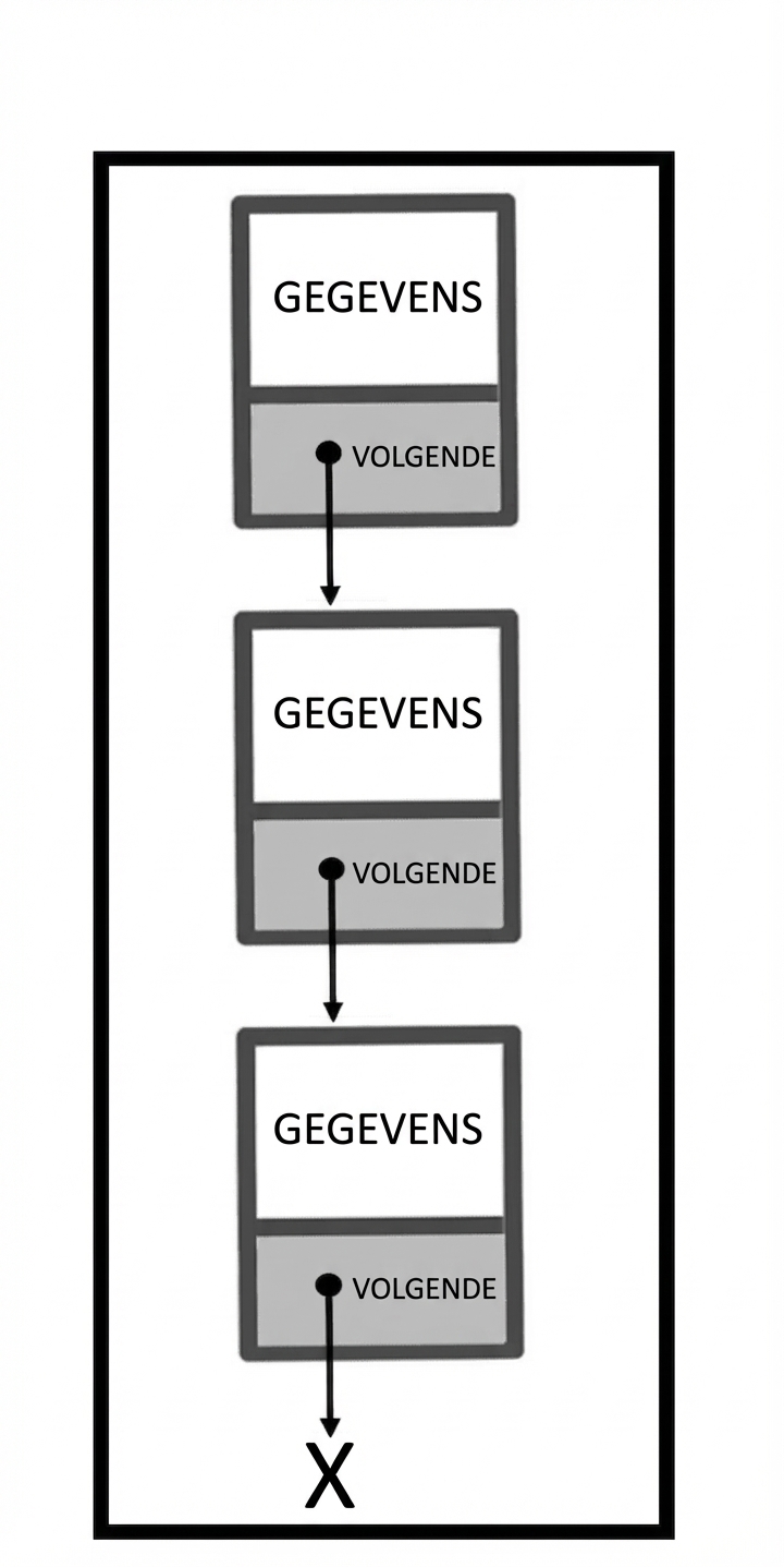 Een stack als gelinkte lijst met de namen van de delen van de nodes.