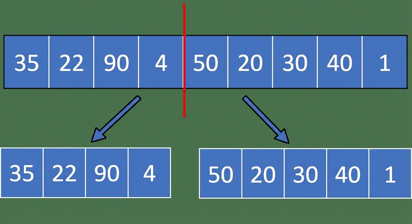 Een schematische weergave van een lijst met ongesorteerde nummers. De lijst is in tweeën gedeeld. Er zijn twee nieuwe lijsten: de eerste heeft de linkerhelft en de tweede de rechterhelft van de oorspronkelijke lijst.