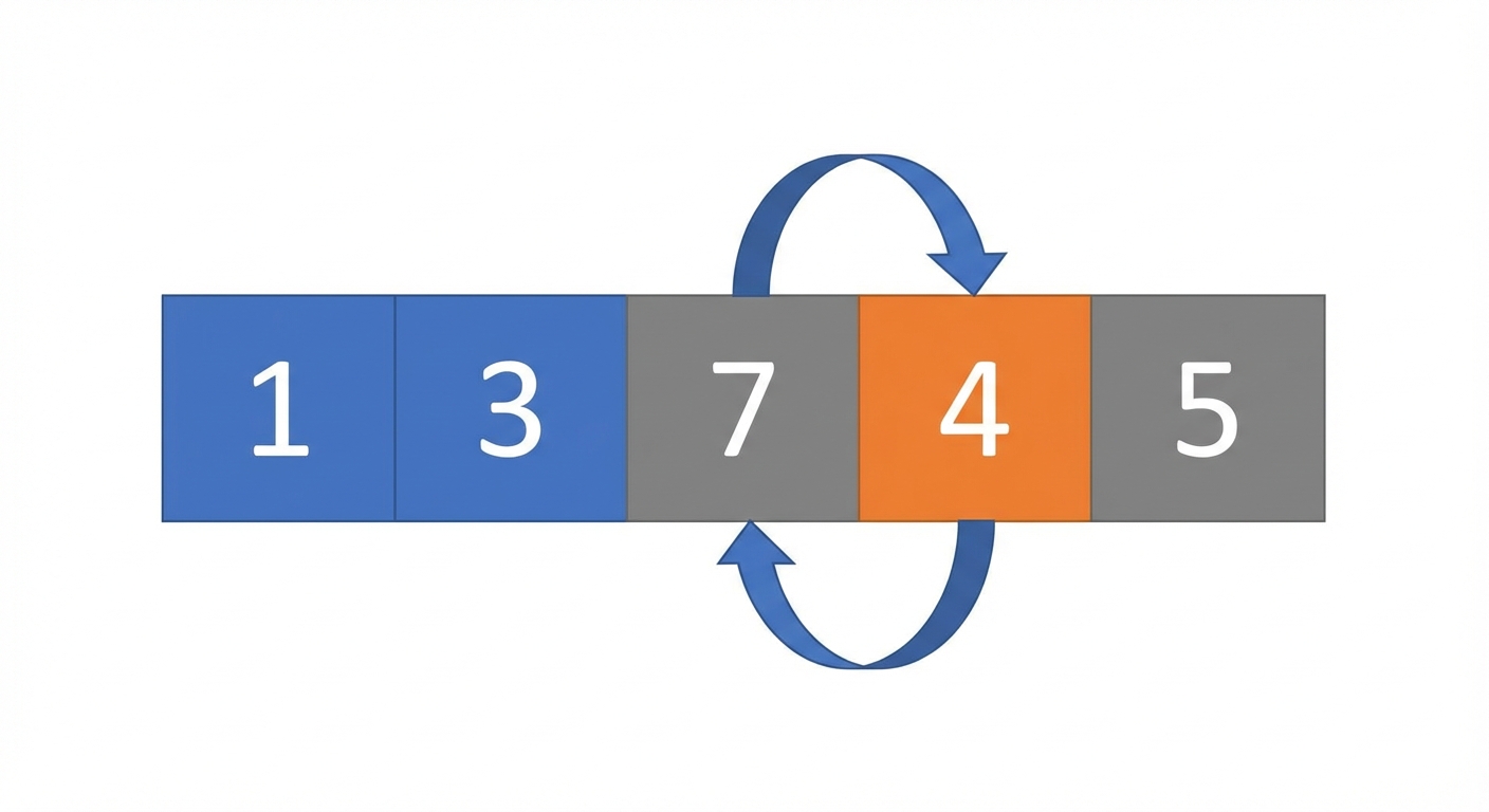 Een schematische weergave van een lijst met ongesorteerde getallen. Het eerste en tweede element zijn blauw en het vierde is oranje. Twee pijlen geven aan dat het derde en vierde element worden verwisseld.