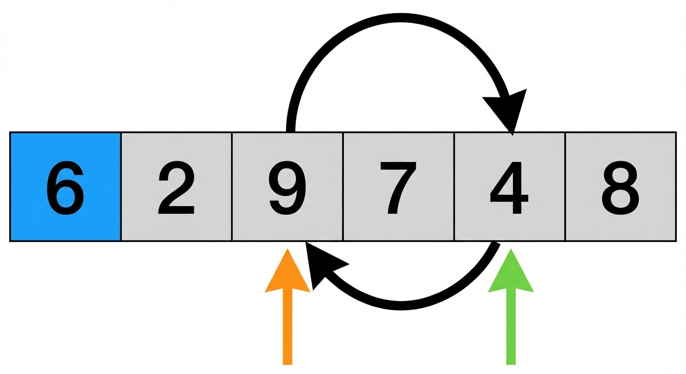 Een schematische weergave van een lijst met ongesorteerde getallen. Het eerste element is blauw. Er zijn twee pointers. De linker wijst naar het derde element en de rechter naar het vijfde. Twee pijlen geven aan dat het derde en vijfde element worden verwisseld.
