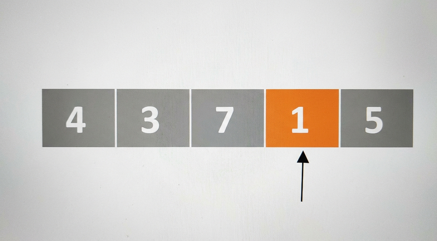 Een schematische weergave van een lijst met ongesorteerde getallen. Er wijst een pointer naar het vierde element. Het vierde element is oranje.