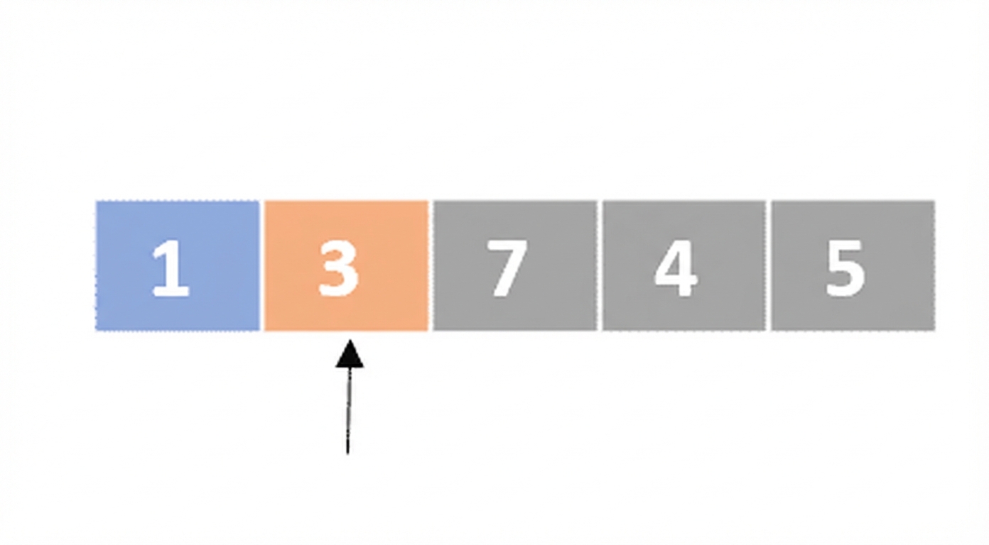 Een schematische weergave van een lijst met ongesorteerde getallen. Het eerste element is blauw en het tweede oranje. Er wijst een pointer naar het tweede element.