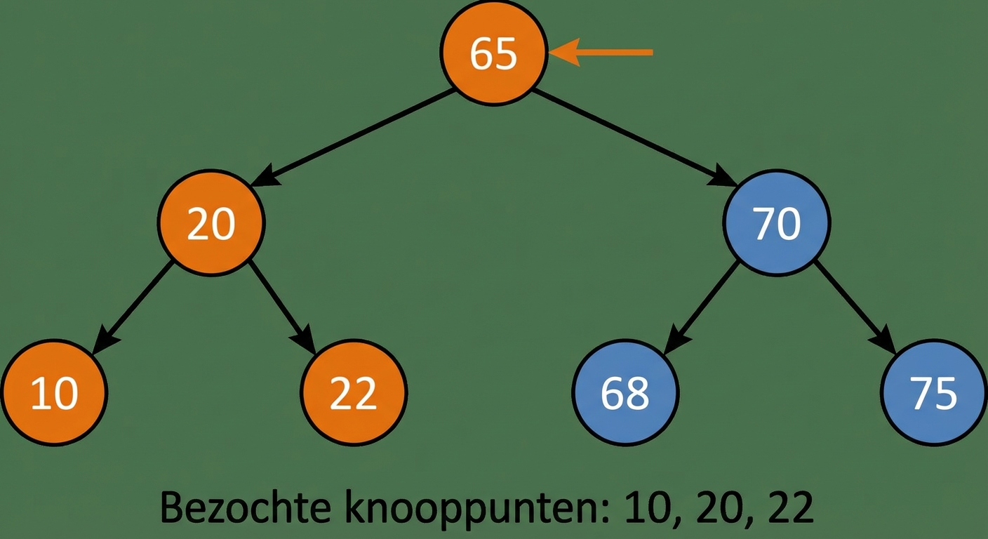Grafische weergave van in-order traversal op een binaire zoekboom.