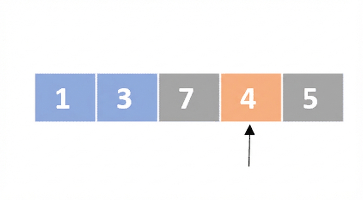 Een schematische weergave van een lijst met ongesorteerde getallen. Het eerste en tweede element zijn blauw en het vierde is oranje. Er wijst een pointer naar het vierde element.