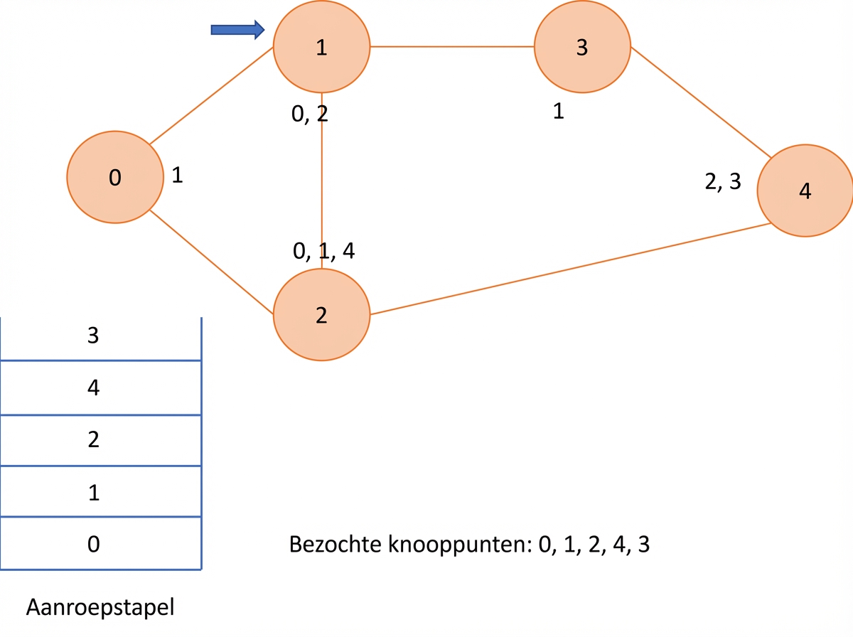 Grafische weergave van depth-first search op een graaf.