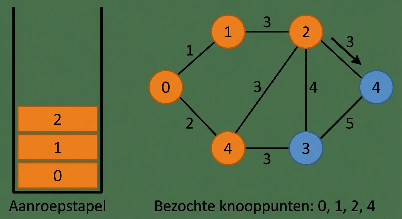 Grafische weergave van depth-first search op een graaf.