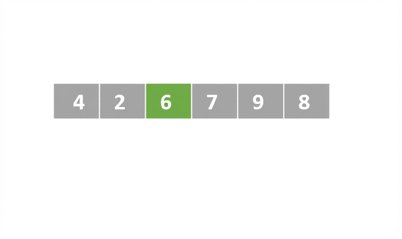 Een schematische weergave van een lijst met ongesorteerde getallen. Het derde element is groen.