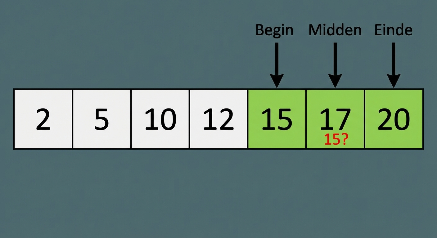Schematische weergave van een lijst met gesorteerde getallen. De middle-pointer is verplaatst en wijst naar het element tussen first en last. De elementen tussen de eerste en middelste posities zijn groen gekleurd. Het element waar middle naar wijst, 17, wordt vergeleken met het getal 15.