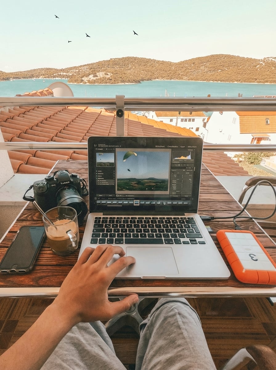 zicht op een laptop over een dak en een meer