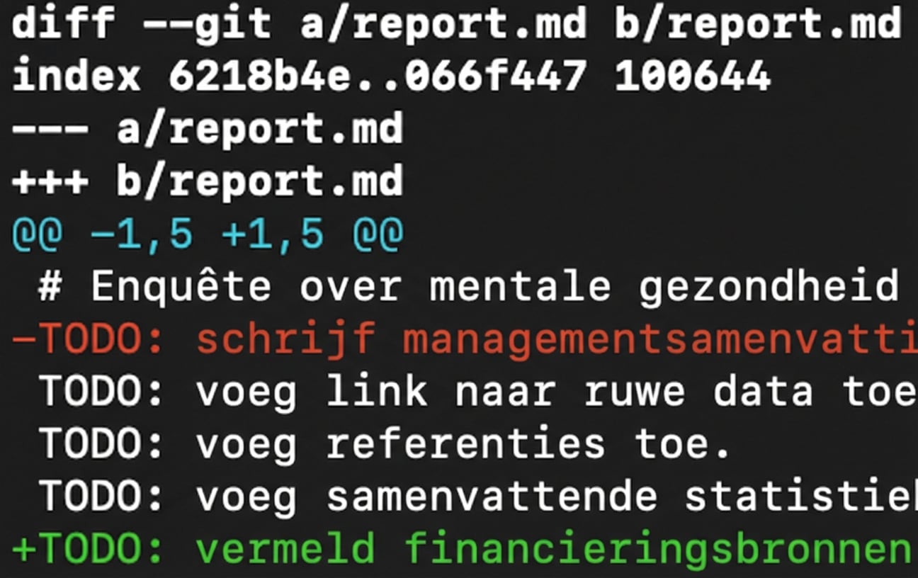 git diff --staged report.md-uitvoer, overeenkomend met de vorige uitvoer voor git diff report.md