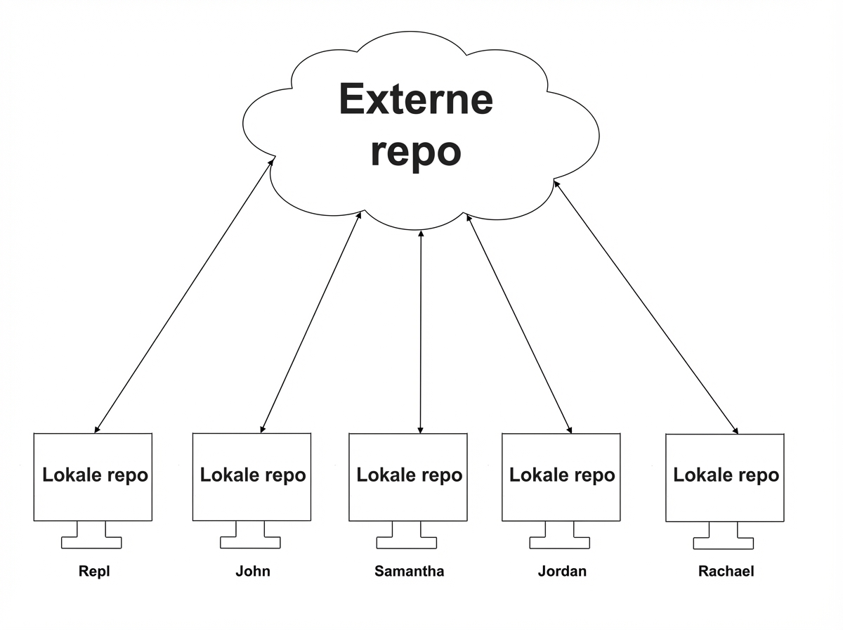 data die synchroniseert tussen vijf lokale branches en de remote branch