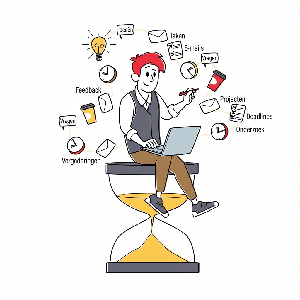 Iemand die ideeën bedenkt bovenop een zandloper