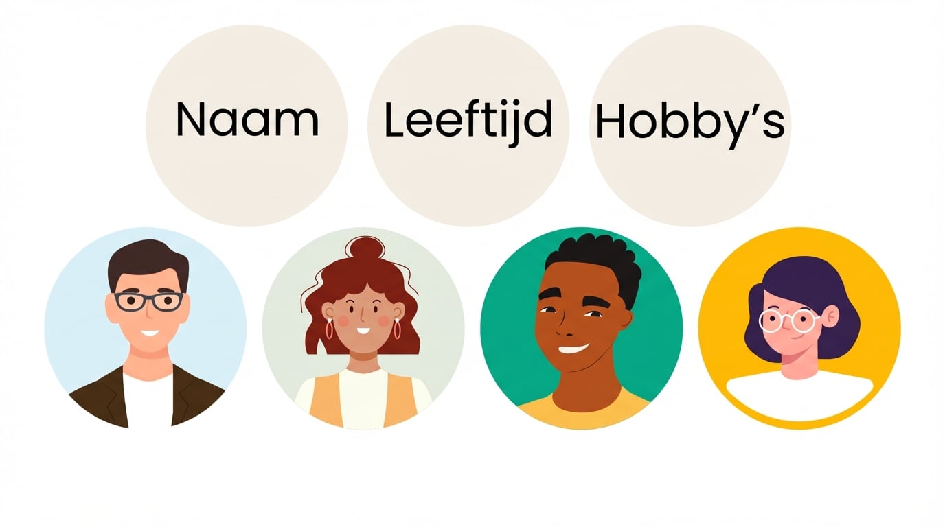Vier avatars en drie cirkels met naam, leeftijd, hobby's