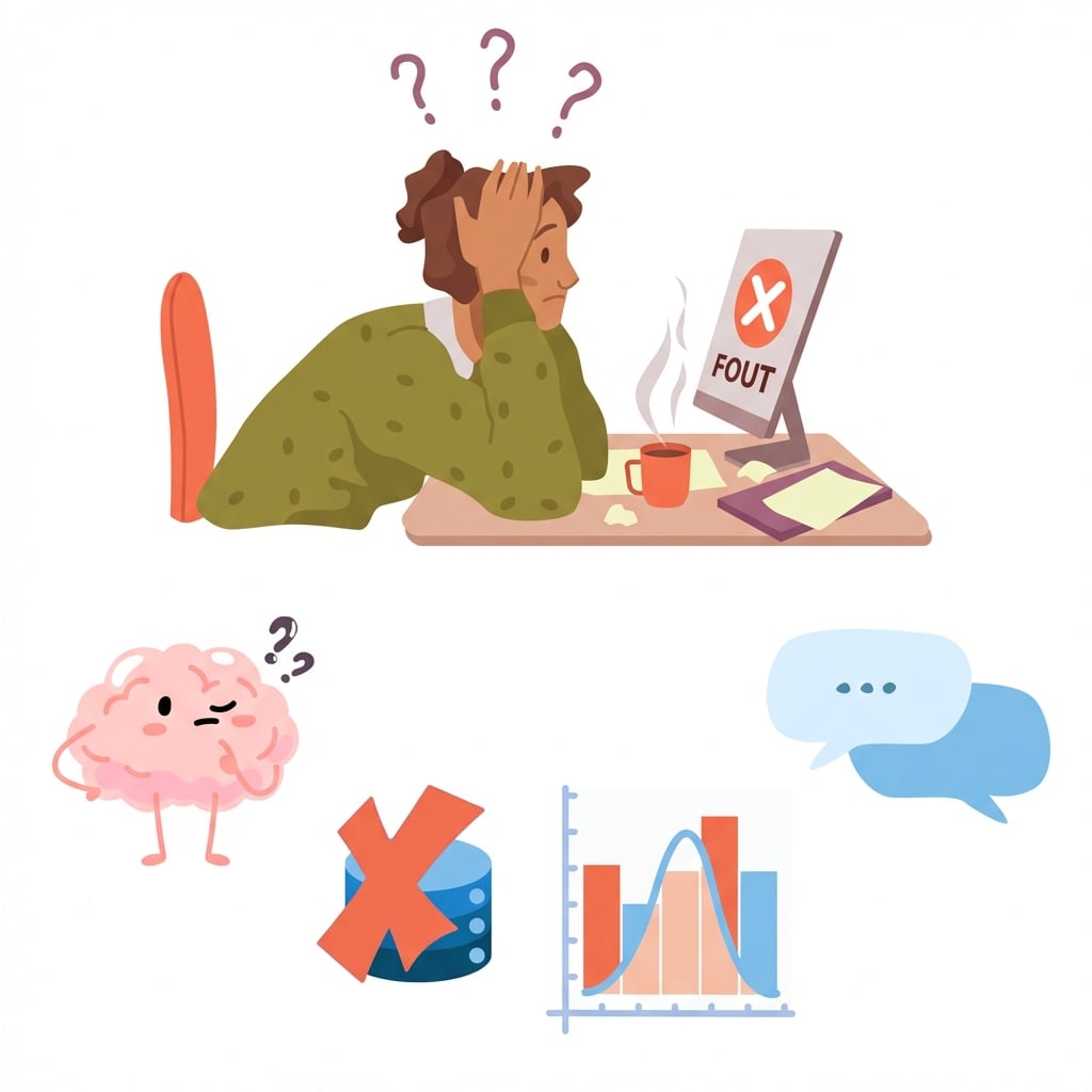 Pictogrammen die een fout bij dataverwerking tonen door een slecht gedefinieerd probleem, en verkeerde data, statistiek en communicatie