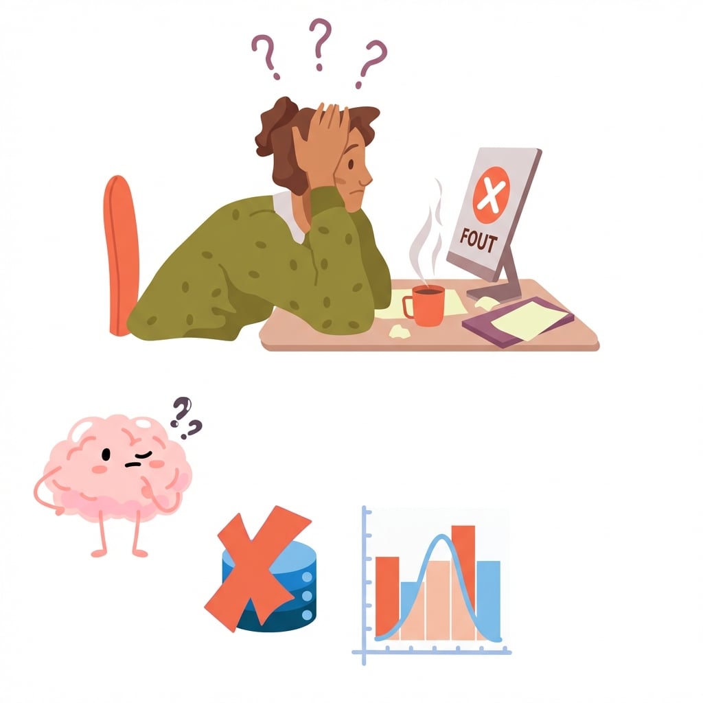 Pictogrammen die een fout bij dataverwerking tonen door een slecht gedefinieerd probleem, en verkeerde data en statistieken