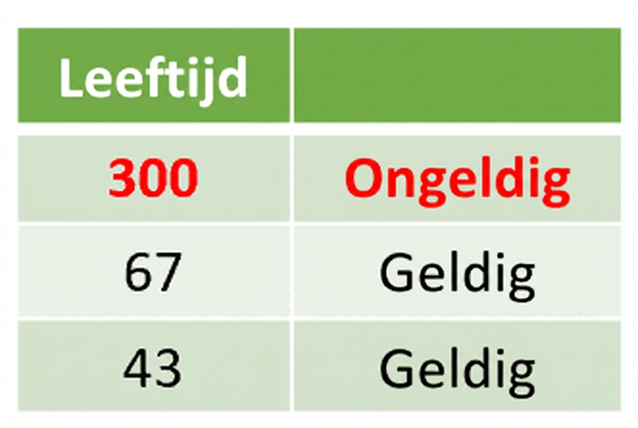 Tabel met Age waarbij de eerste rij 300 is, gemarkeerd als ongeldig.