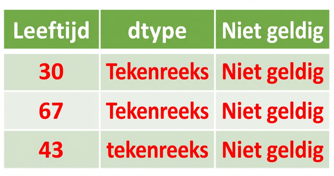 Tabel met drie kolommen met Age als eerste kolom, als datatype string, gemarkeerd als ongeldig.