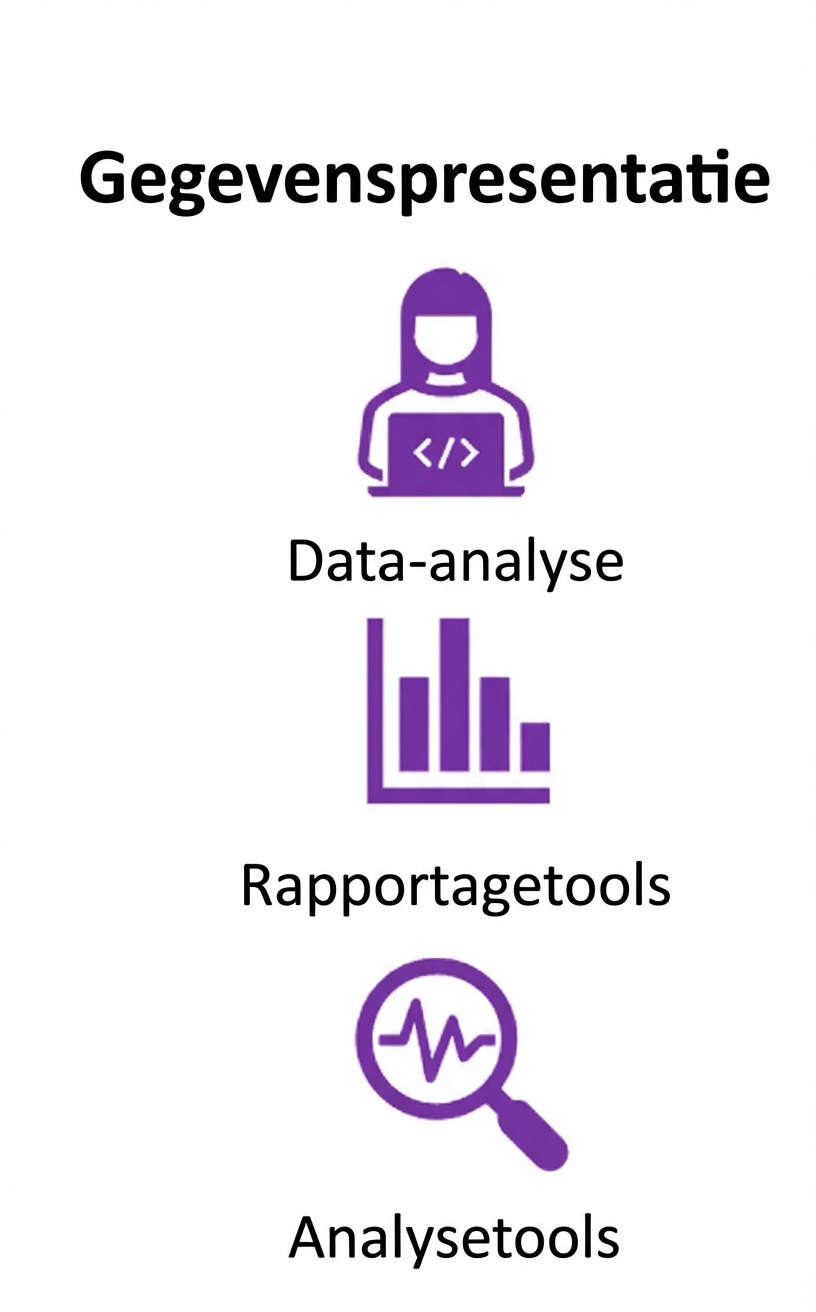 Afbeelding van een pictogram van een persoon achter een computer, een rapportpictogram en een vergrootglaspictogram