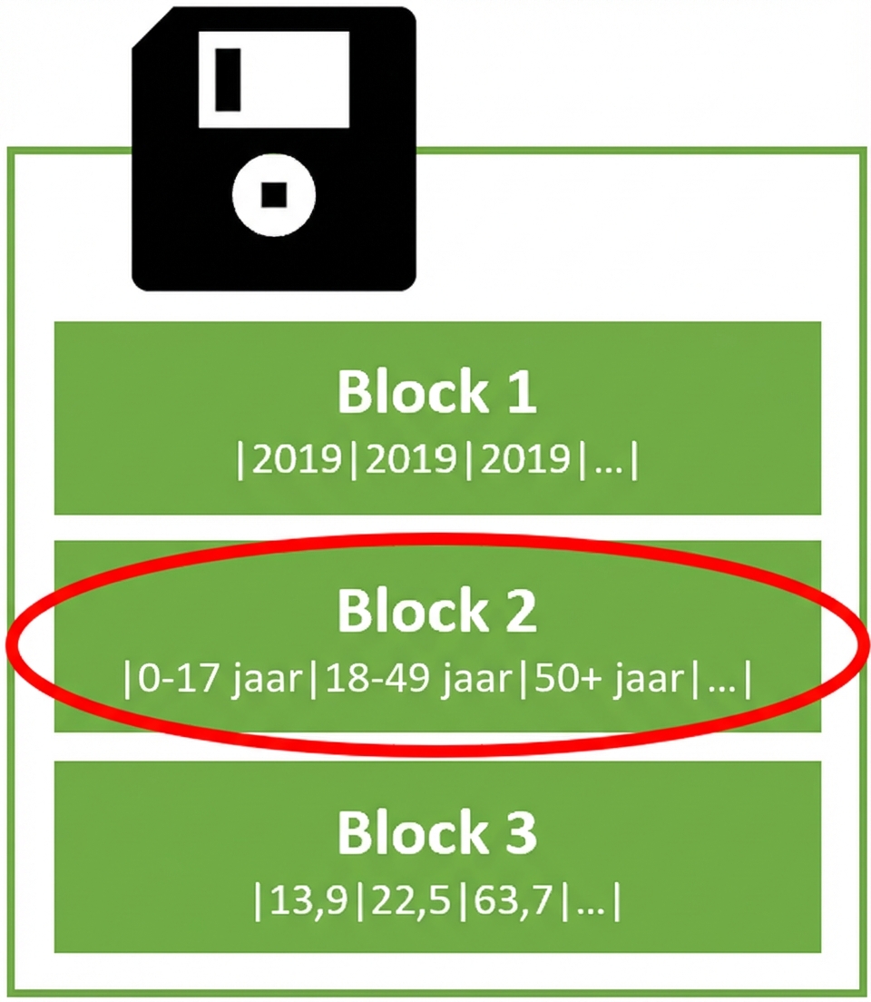 Symbolische afbeelding van een harde schijf met meerdere blokken opslag met in elk blok een kolom opgeslagen