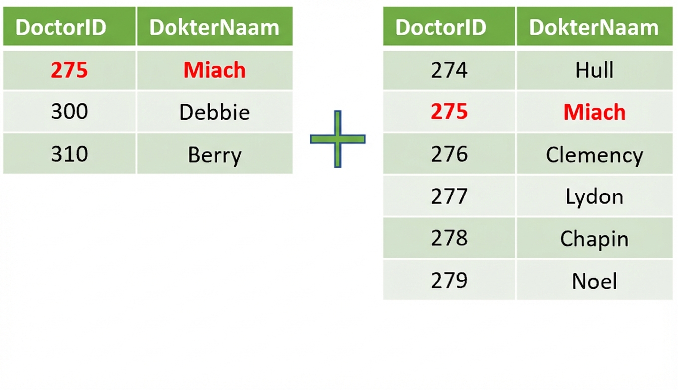 afbeelding van twee tabellen met twee kolommen die samengevoegd worden