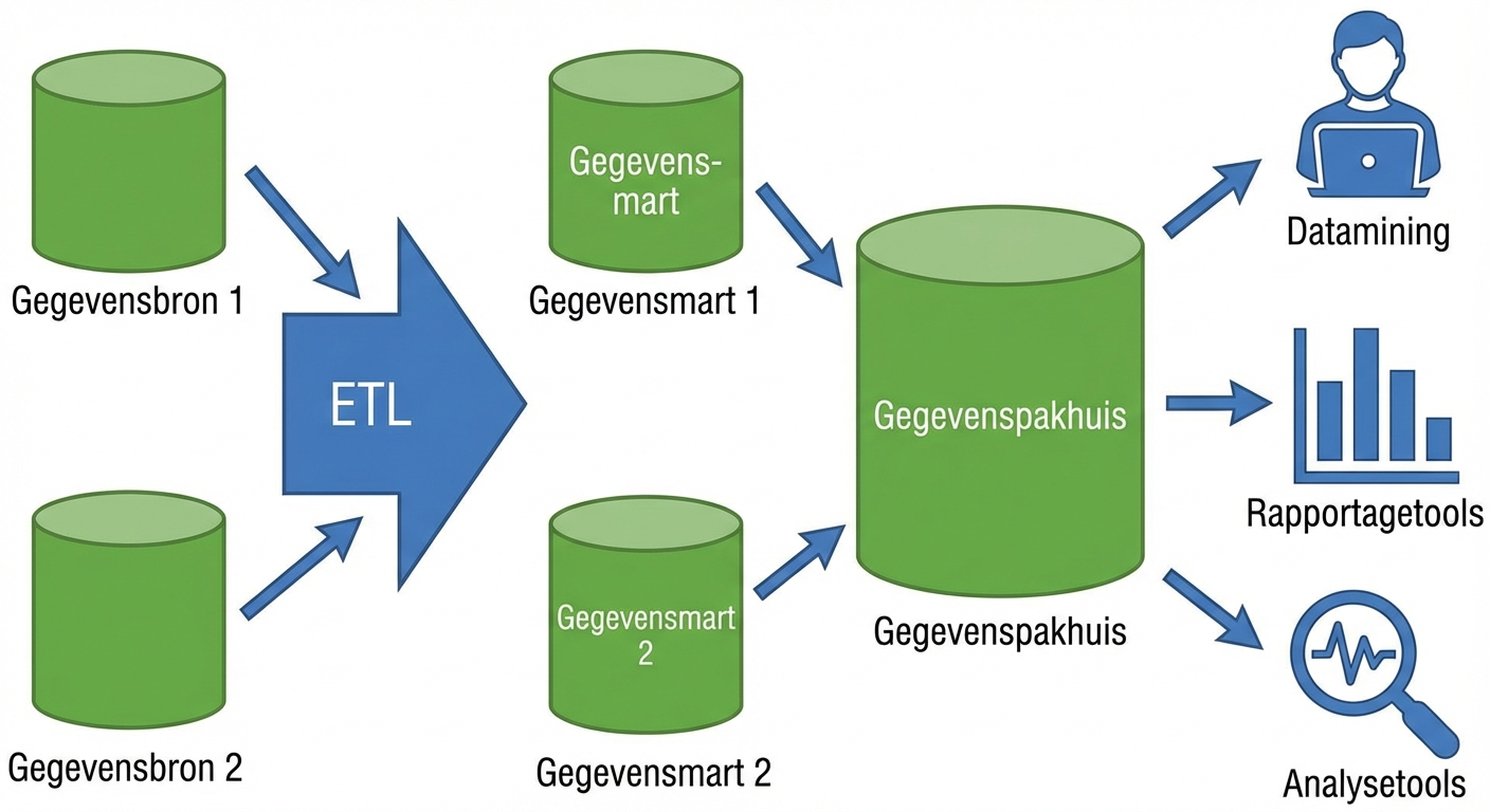 Afbeelding van twee databasepictogrammen met pijlen naar een pijl met ETL en pijlen naar twee datamart-pictogrammen, met pijlen naar een datawarehouse-pictogram en pijlen naar een persoon achter een computer, een rapportagepictogram en een vergrootglas