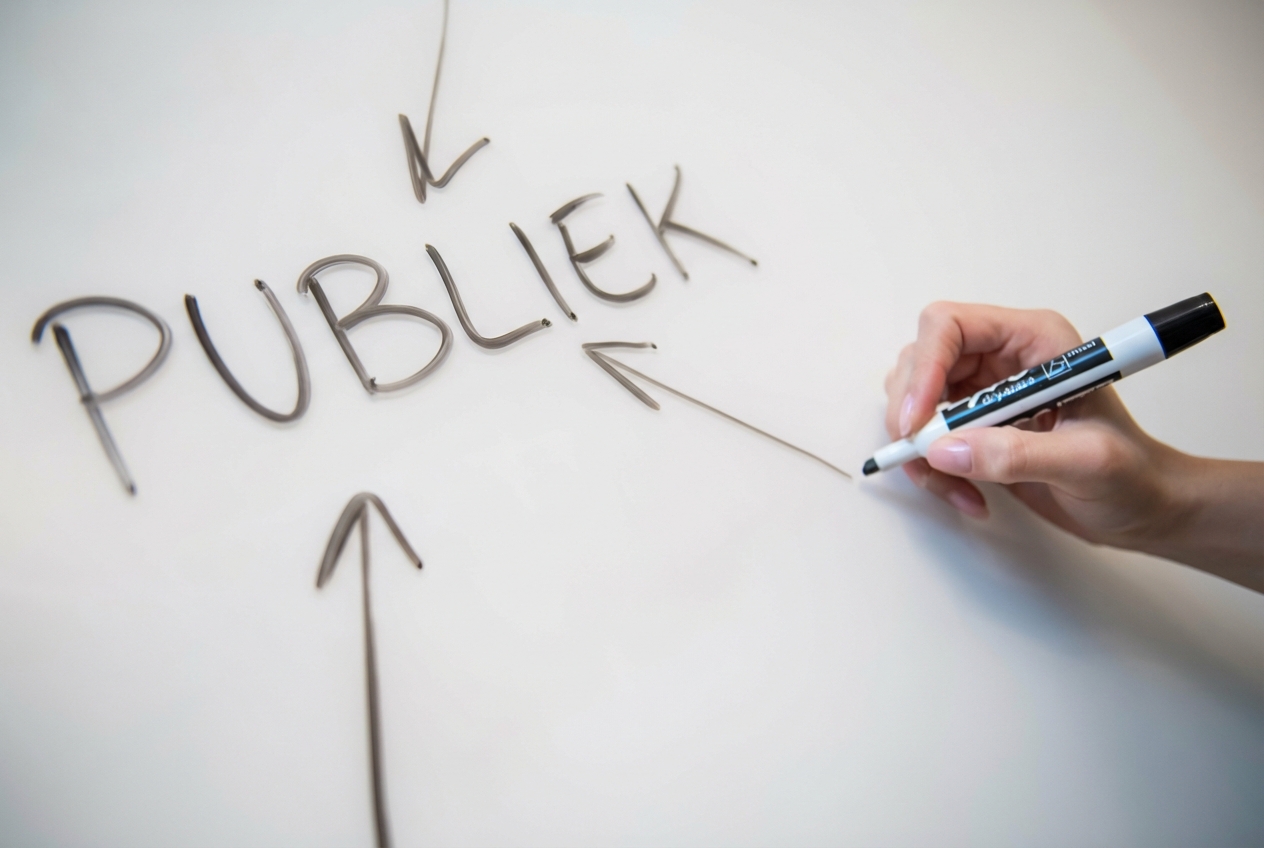 Het woord publiek staat op een whiteboard met pijlen die ernaar wijzen